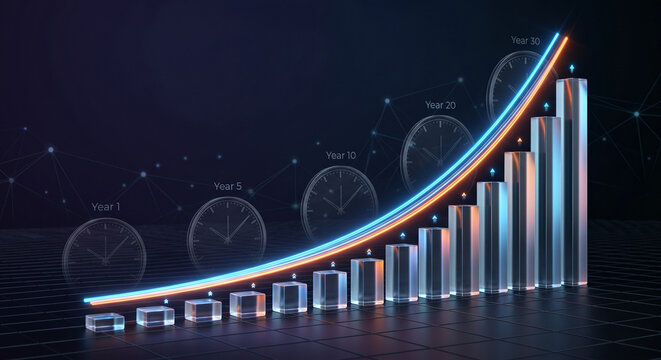 Glowing 3D financial bar chart showing exponential long-term investment growth over 30 years.