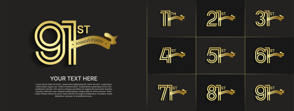 Anniversary logo set with double line number style. gold color with gold ribbon can be use for special moment