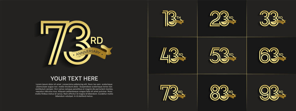 Anniversary logo set with double line number style. gold color with gold ribbon can be use for special moment