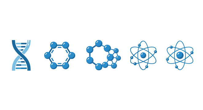DNA double helix, molecular rings and atomic model symbols illustrating basic science concepts.