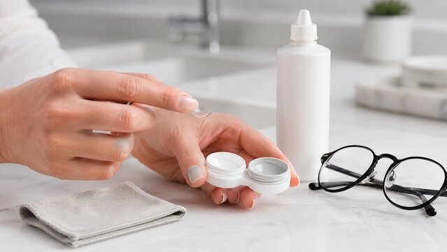 Woman putting contact lens in case. Hygienic eye care routine with saline solution and glasses on bathroom counter. Vision correction and healthcare maintenance for daily sight habits