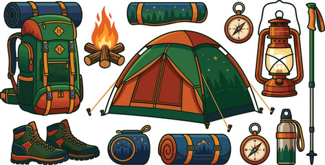 Camping equipment vector element set with tent backpack and campfireCamping equipment vector element set with tent backpack and campfire © Mehedi