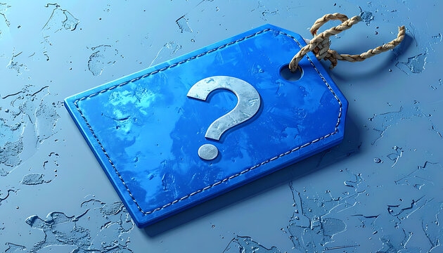 Blue leather price tag with silver question mark symbol on textured blue background.