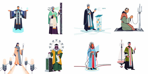 Fototapeta premium Collection of futuristic religious figures blending traditional ceremonial robes with advanced technology, digital elements, and sci-fi gadgets on a white background.