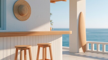Obraz premium Minimalist resort style seaside cafe with white walls wooden counter stools straw hat and surfboard