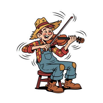 Cheerful Hillbilly Playing Violin in Blue Overalls