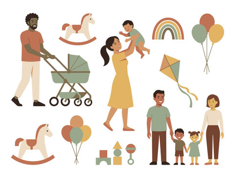 Diverse family and parenting vector icons featuring parents, children, and baby toys.