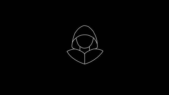 Minimalist white outline of a hooded figure on a black background icon symbol