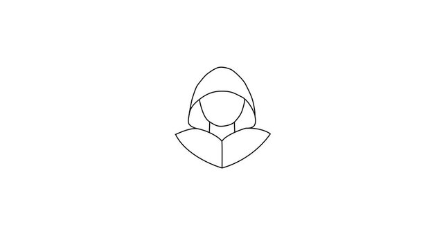 Minimalist white outline of a hooded figure on a white background icon symbol