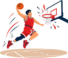 Basketball Player Jumping and Slam Dunking Ball into Hoop Vector Illustration © Daus