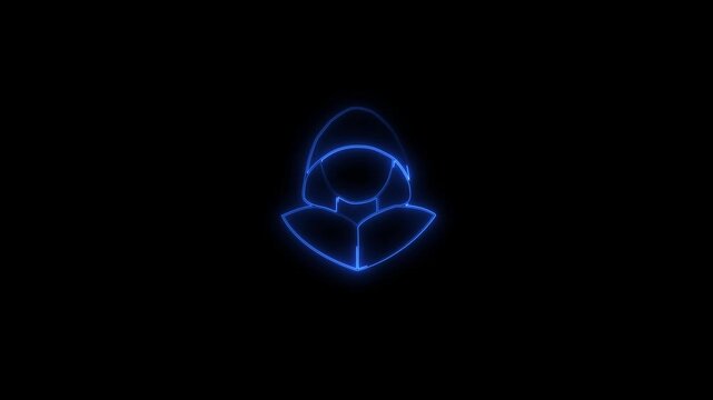 Blue neon outline of a hooded figure glowing on a black background icon symbol