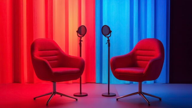 An artistic podcast setup, featuring two sleek red chairs and microphones against vivid red and blue lighting, creating a dynamic interviewing environment.