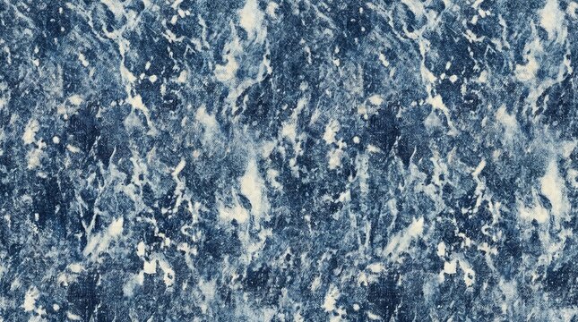 Abstract denim wash seamless texture featuring distressed indigo fabric, acid wash effects, faded vintage patterns, and grunge textile details. Realistic denim surface with worn cotton fibers