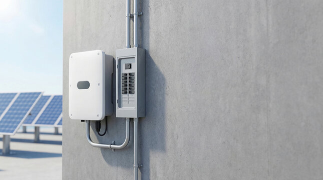 Solar inverter and electrical breaker box mounted on a concrete wall with photovoltaic solar panels array in the background under a sunny sky