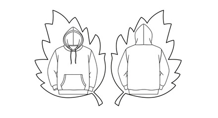 Fototapeta premium Hoodie Fashion Flat Sketch: Front and Back View with Leaf Outline