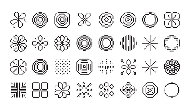 Complex pixelated mandalas and concentric circle patterns for modern digital textures and art.