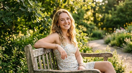 Naklejka premium Happy young woman smiling on a park bench during sunny golden hour