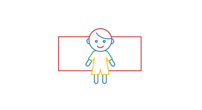 Happy Child Standing in Front of a White Rectangle with Red Border