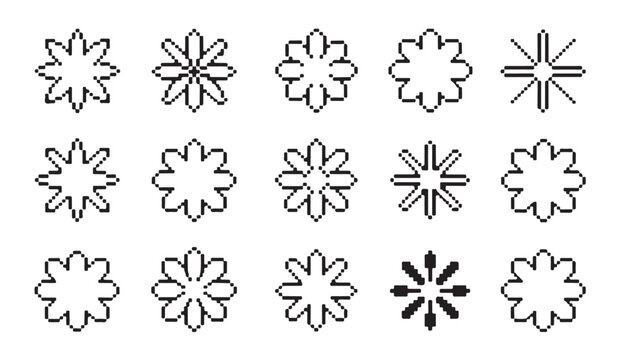 Set of pixel art floral designs and abstract snowflake patterns in black and white.