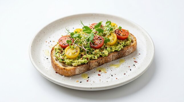Toasted sourdough bread toast with smashed avocado and cherry tomatoes on white plate breakfast sourdough vegetarian tomatoes delicious culinary nutrition background microgreens