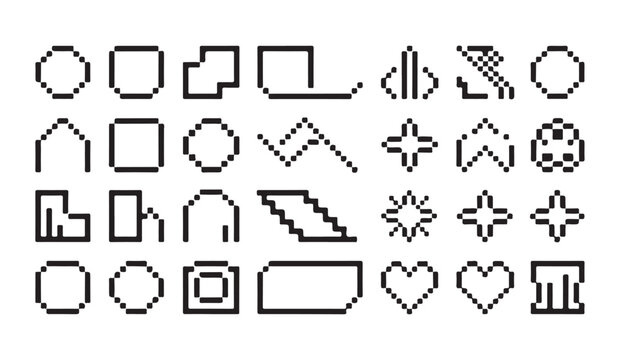 Set of pixel art outline shapes and abstract symbols in black and white.