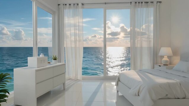 A photorealistic 3D visualization of a contemporary sleeping chamber decorated in white with a panoramic vista of the ocean