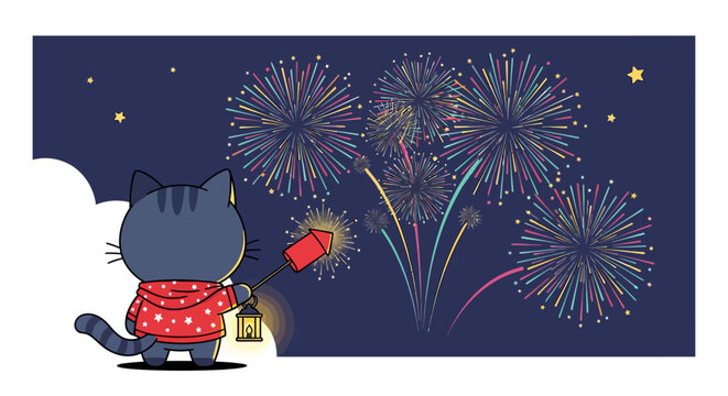 Vector illustration of a cute chibi cat in a red star-patterned hoodie holding a firework rocket and lantern, watching colorful bursts of fireworks in a dark blue starry night sky.