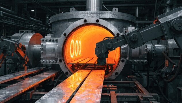 Medium shot of large billet homogenizing furnace with mechanical arms loading aluminum slabs showcasing industrial automation in metal heat treatment processes.