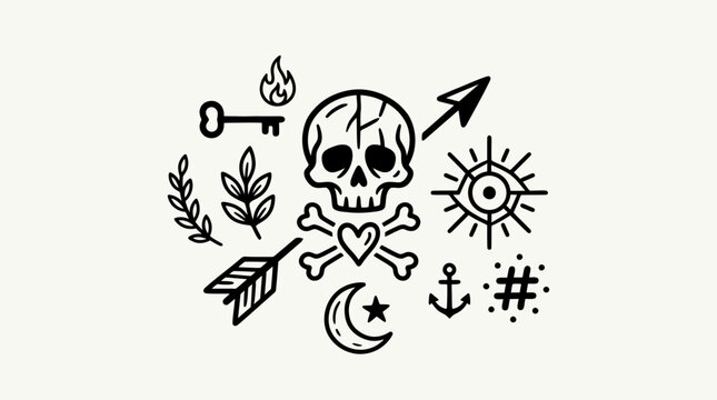 Collection of traditional tattoo flash designs featuring a skull, arrow, key, and other symbolic elements.