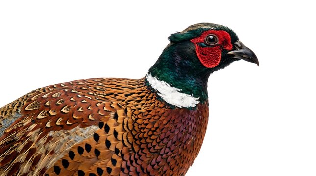 Male common pheasant bird profile close-up on isolated white background