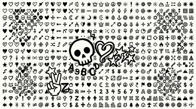 Collection of various black and white symbols and icons.