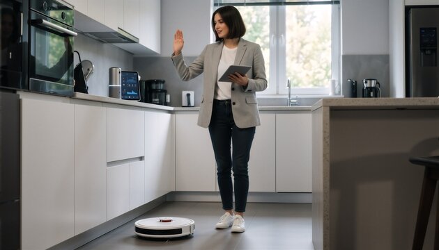 Young professional uses AI automation with a robot vacuum in a modern kitchen setting.