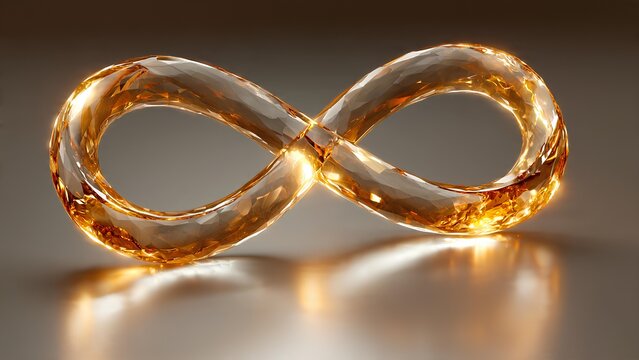 A luminous golden infinity symbol crafted from translucent material, glowing warmly on a reflective surface, representing eternity and endless possibilities.
