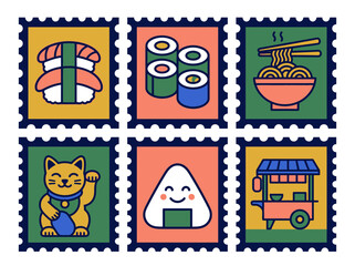 Obraz premium Japanese Culture and Food Postage Stamp Vector Illustration Set