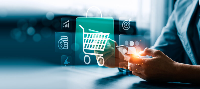 Mobile ecommerce shopping concept with customer using smartphone and digital cart interface showing sales growth payment marketing targeting promotion and online retail strategy