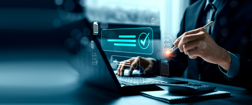 Digital document approval concept with business professional using laptop and stylus showing virtual checklist interface electronic paperwork verification and workflow management