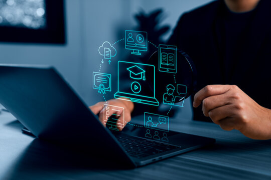 Online education e learning platform concept with person using laptop showing virtual graduation course interface video lesson certificate cloud content and remote training icons