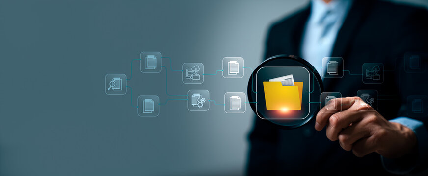 Digital document management concept with business professional using magnifying glass and virtual folder workflow showing connected files cloud storage search and office data organization