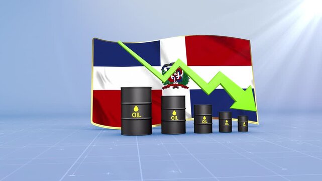 Dominican Republic Oil Price Falling with Oil Barrels Downward Green Arrow and 3D Financial Data Visualization Graphs for Economy and Business Concept