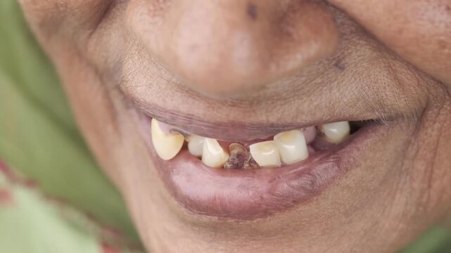 Close up shot of elderly woman with unhealthy decayed teeth and gum disease smiling at camera
