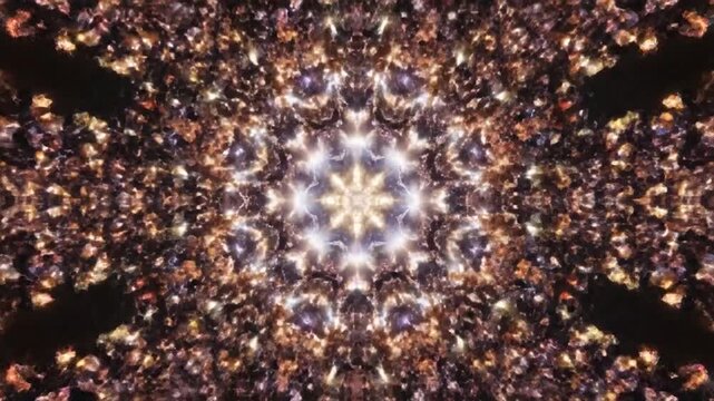 Abstract kaleidoscope pattern with glowing blue and green crystals