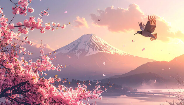 Mount Fuji Landscape with Cherry Blossoms and Bird at Sunset