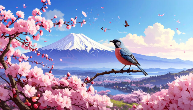 Scenic Japan Spring Landscape with Mount Fuji Sakura and Bird