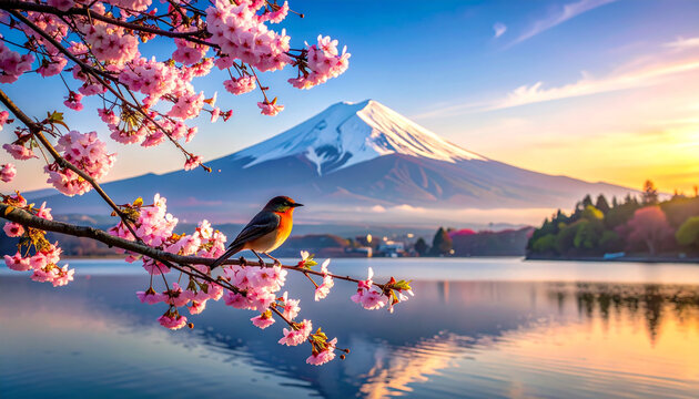 Bird on Cherry Blossom Branch with Mount Fuji at Sunrise