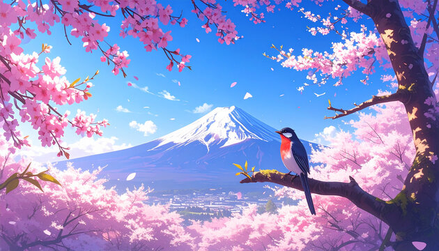 Mount Fuji Landscape with Sakura Blossoms and Bird Illustration