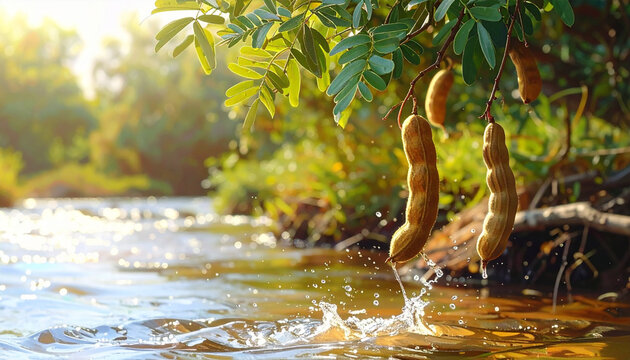 Fresh Tamarind Pods Hanging Over Splashing River in Sunlight