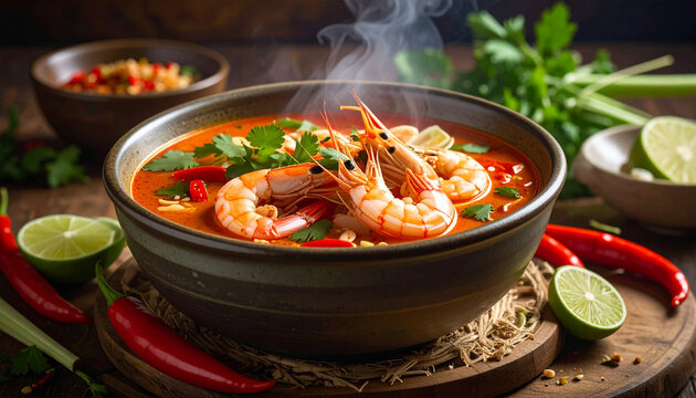 Spicy Thai Tom Yum Goong Soup with Fresh Shrimp and Lime