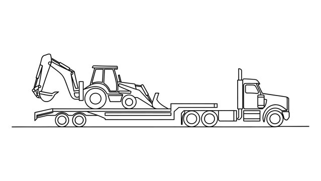 A line art drawing of a heavy duty truck hauling a construction excavator on a flatbed trailer viewed from the side in a simple minimal style