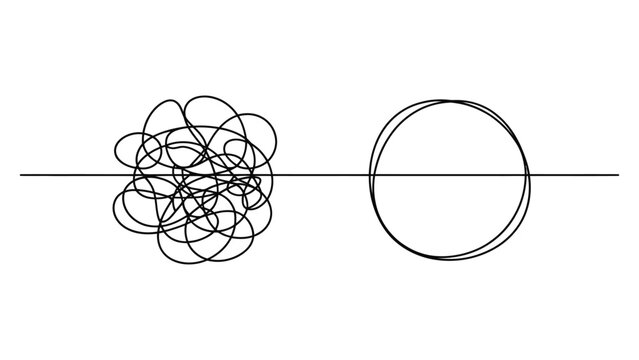 Messy tangled scribble transforming into a neat simple circle line drawing
