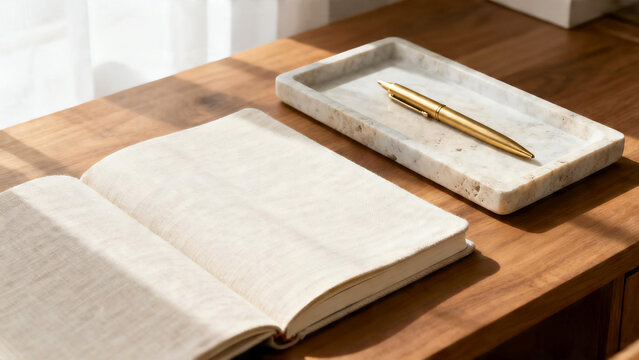  Open blank linen notebook and brass pen on travertine tray